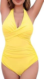 COCOPEAR Maiô cruzado de uma peça, cintura alta, controle de barriga, franzido frente única, roupa de banho push up para mulheres, Amarelo, XGG