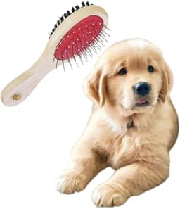 Escova Dupla para Pelos Longos de Cachorros e Gatos com Cabo de Madeira Ergonômico – Lado com Cerdas Macias e Pinos Metálicos para Desembaraçar, Remover Sujeira e Dar Brilho ao Pelo do Pet