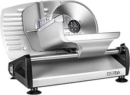 Fatiador de carne e frios OSTBA elétrico de com proteção de trava infantil, lâmina removível de aço inoxidável de 19 cm e carrinho de alimentos, espessura ajustável para carne, queijo, pão (150 W)