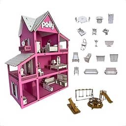 Casinha Boneca Em Mdf Pintado Rosa 43 Cm + 19 Mini Moveis e Kit Parquinho