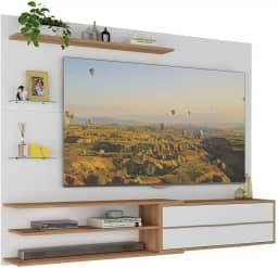 Painel para TV até 65” com 1 Porta Basculante e 5 Prateleiras – Multimóveis MP1064 Branco/Rustic, Design Moderno em MDP