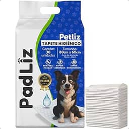 Tapete Higiênico para Cachorro Padliz 80cm x 60cm 30 Unidades Sanitário Super Absorvente Antivazamento Alta Absorção Descartável Premium Atrativo Petliz