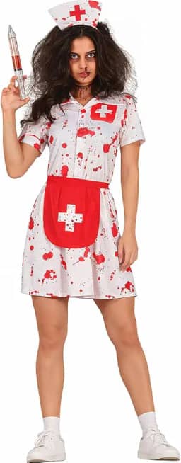 Fantasia Halloween Enfermeira Assassina Zumbi Sangrenta Feminina Adulta Com Tiara e Avental