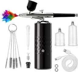 crpen Kit de Aerógrafo Recarregável Sem Fio Compressor de Aerógrafo Portátil Escova de Ar para Pintura de Modelos, Arte de Unhas, Decoração de Bolos, Maquiagem, Barbeiro (Preto)
