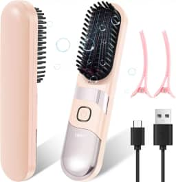 Escova alisadora de cabelo pequena, mini escova de alisamento sem fio portátil de 6 temperaturas para mulheres, viagens, salão de beleza e uso estudantil, recarregável (rosa)