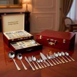 Faqueiro Inox Luxo Dourado 84 Peças Design Alemão Banhado a Ouro 24K Com Maleta de Madeira