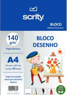 Bloco para Educação Artística, Scrity, Desenho, A4, Branco, 140 Gramas, 20 Folhas