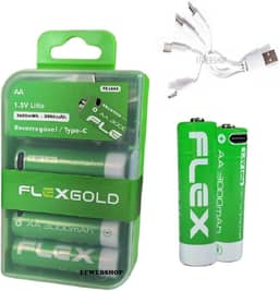 4 Pilhas Recarregáveis Flex AA 1.5V de Lítio 3000mAh com Carregamento Direto via Cabo USB-C e LED Indicador de Carga mais Case Porta Pilhas