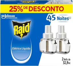 Raid Repelente Eletrico Líquido, 45 Noites, 2 Refis de 32,9ml