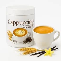 Cappuccino à base de cevada solúvel, leite em pó, açúcar mascavo, cacau e canela. Sem cafeína.