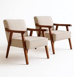 Kit 2 Poltronas Decorativas Estofadas em Tecido Linho Premium Cadeira Madeira Maciça para Sala, Consultório e Recepção (Linho Cru)