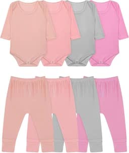 Kit 10 Peças Body Bebê Manga Longa e Calça Canelado Menina