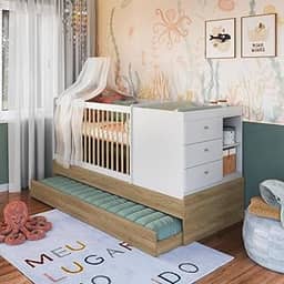 Berço Multifuncional com Cama Auxiliar 3 Gavetas Aveiro Oak/branco