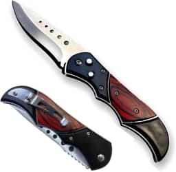 Canivete Tático Retrátil com Clip, Lâmina em Aço Inox, Cabo em Madeira e Metal, Preto e Vermelho