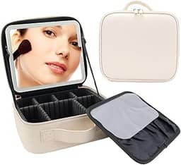 Kit Maleta Maquiagem completo Profissional Com Espelho e Luz Led e paleta de maquiagem(Branco)