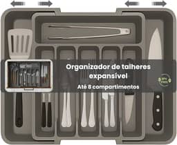 Porta Talheres Expansível, Organizador Grande Para Gaveta Ajustável, Cor Cinza Polipropileno, 8 Divisórias, Design Moderno Multiuso Ideal para Cozinha.