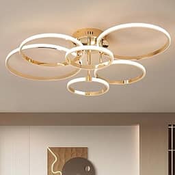 TONGCIYU lustre moderno,lustres e luminarias para sala Regulável,Lustre Led Luminária Com controle remoto, 42W (Ouro Polido, 6 anillos 80x60cm)