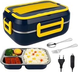 Marmita Lancheira Elétrica Portátil com 03 Divisórias em Aço Inoxidável – 110V/220V – 12V/24V – Refeições Quentes – Uso em Casa Carro ou Trabalho – Produto Premium (Azul/Amarelo)