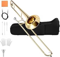 Trombone Tenor em Si Bemol VEDO VD-CHJA: Instrumento para Iniciantes com Boquilha 7C, Estojo Rígido e Kit Limpeza - Design Dourado para Bandas Escolares e Igrejas