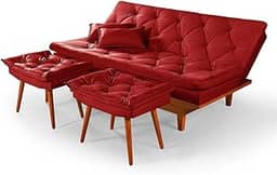 Sofa Cama Reclinavel Caribe Com Duas Banquetas Rubi Suede Vermelho