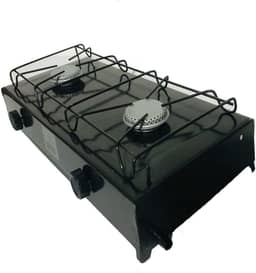 Fogão Portátil 2 Bocas a Gás, Preto, Estilo Camping, Metal, com Grade Protetora