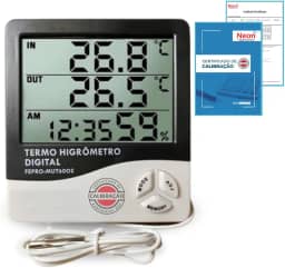 Termômetro e Higrômetro Digital + Certificado De Calibração Rastreável Rbc com Relógio e Sonda Alta Precisão - Medidor de Temperatura e Umidade Ambiente -Display LCD Empresas, Farmácias e Indústrias