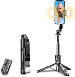 H’MASTON Pau de Selfie Tripé para Celular Bastão de Selfie com Controle Remoto Bastão de Selfie e Luz de LED Duplo Bluetooth Retrátil ZP-12 (Preto)