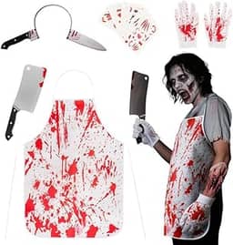 Conjunto de fantasia de açougueiro de Halloween – Roupa de chef sangrento para cosplay assustador, festa de terror, decorações de casa assombrada
