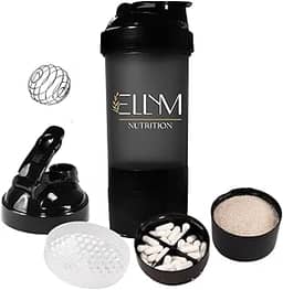 Coqueteleira Shakeira Garrafinha Copo Academia Com Porta Comprimido e Whey 500ml Preta Ellym Nutrition 15x8x8