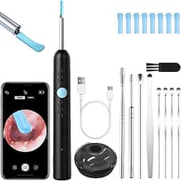 Removedor de Cera de Ouvido com Câmera 1080P HD - Kit Profissional 9 Peças: 6 Luzes LED + 5 Pontas Substituíveis, Limpeza Auricular Segura e Visual com Tecnologia Avançada para Adultos e Crianças Preto