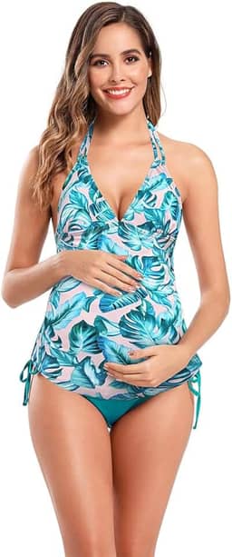Maiô feminino frente única para gestantes, com controle de barriga, estampado, duas peças