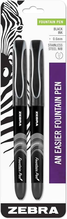 Conjunto de canetas-tinteiro Zebra Pen, ponta fina 0,6 mm, tinta preta não tóxica, ponta de aço inoxidável, descartável, pacote com 2 (48312)