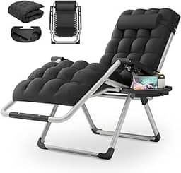 MoNiBloom Cadeira reforçada com gravidade zero, espreguiçadeira dobrável para piscina, espreguiçadeira de bronzeamento portátil com almofada, encosto de cabeça e bandeja lateral, capacidade de 150 kg - preta