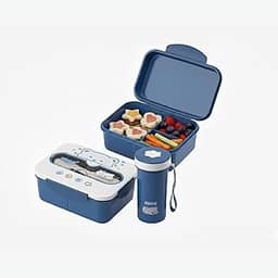 Kit Lancheira Infantil 3 Peças com Garrafa Térmica - Compartimentos Removíveis (Azul)