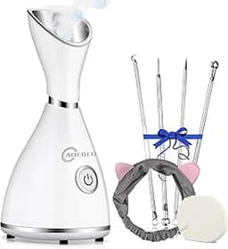 Vaporizador facial nanoiônico facial vaporizador facial umidificador vaporizador vaporizador hidratante facial para sauna caseira spa rosto com 4 peças de aço inoxidável para pele, faixa de cabelo, esponja para lavar o rosto