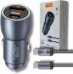 Carregador Veicular Turbo 60W Pro, Kit com Cabo USB-C. Duas portas USB 3.0 + USB-C, Led, Carregamento Rápido 9.1A Fast Charge Carro/Automotivo Compatível com IOS e Android – Premium (Cinza)