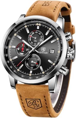 Relógio masculino de quartzo BENYAR, analógico, impermeável, cronógrafo moderno, para negócios, em couro marrom