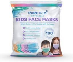PURE GEM [Pacote Com 100] Máscaras Faciais Descartáveis Para Crianças, Meninos E Meninas, Máscaras De 3 Camadas, Capa Facial Com Elásticos Para Orelhas, Para Creche, Escola (Coloridas)