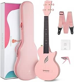 Ukulele concert Enya Nova U 58 cm, de fibra de carbono, ukulele de viagem com kit para iniciantes inclui aulas online (sem garantia de versão em português), estojo, alça, capo e cordas (rosa)