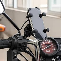 Suporte de Celular para Moto com Carregador USB 2.4, Fixação por Garra no Retrovisor ou Parafuso do Guidão, Resistente, Antivibração, Rotação 360°, Designer Ergonômico, Compatibilidade até 6.8'