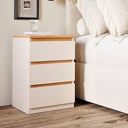 Mesa de Cabeceira Pequim com 3 Gavetas – Design Moderno, Compacta e Funcional para Quarto e Escritório (Off White Freijo)