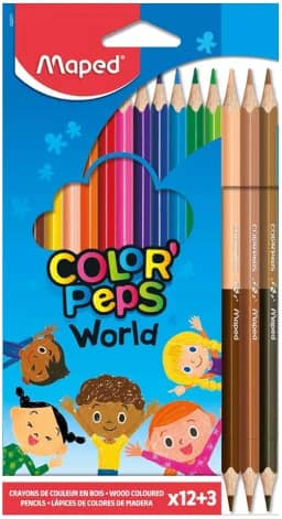 Lápis de cor, Maped, Color Pep´s, 832071ZV, 12 Cores + 3 Lápis Duo Cores da Pele, Multicolorido, 832071