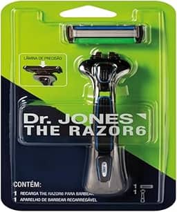 DR. JONES Aparelho de barbear com 6 lâminas, fita lubrificante, cabo ergonômico e faixa de segurança