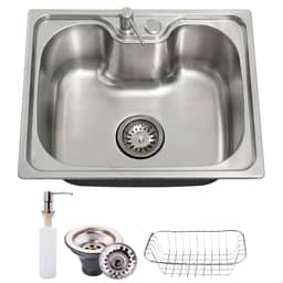 Cuba Cozinha Gourmet Aço Inox 201 50x40cm Quadrada Escovada SOFTINOX Embutir ou Sobrepor — Kit Cuba com Dispenser, Cesto Escorredor e Válvula