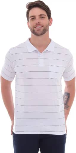 Camisa Polo Cassian - Camisa Polo Listrada Branca com Bolso