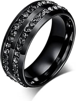 LEEYA NL10 Aliança de noivado unissex de 8 mm de aço inoxidável, banhada a ouro 18 quilates, de aço inoxidável, de zircônia cúbica, CZ, anel de noivado unissex, dourado, anel de casamento, ajuste confortável, tamanho 6 – 13, Preto, 11, 1