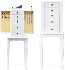 Armário de joias Renatone com espelho, suporte de armazenamento de madeira com 4 gavetas, 2 portas laterais e 8 ganchos para colar, caixa de joias com organizador de armazenamento superior, presente