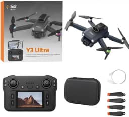 Drone Y3 Ultra Dobrável Com Câmera HD, Motores Brushless, Sensor de Obstáculos, Controle LCD, 3 Baterias, Estabilidade Óptica e Luzes LED, Fotos e videos aereos.