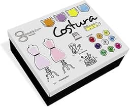 Geguton - Caixa Costura - Aço com Divisórias Internas - Organização e Decoração - Preto Fosco e Branco com Estampa