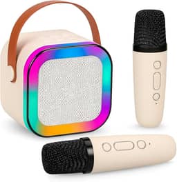 Caixa de Som Karaokê Com Dois Microfones Sem Fio RGB Portátil USB Com Conexão Bluetooth Efeitos de Voz Divertidos | Iluminação LED Multicolor Som Potente | Diversão Crianças Adultos Sem Fio Auto Tune